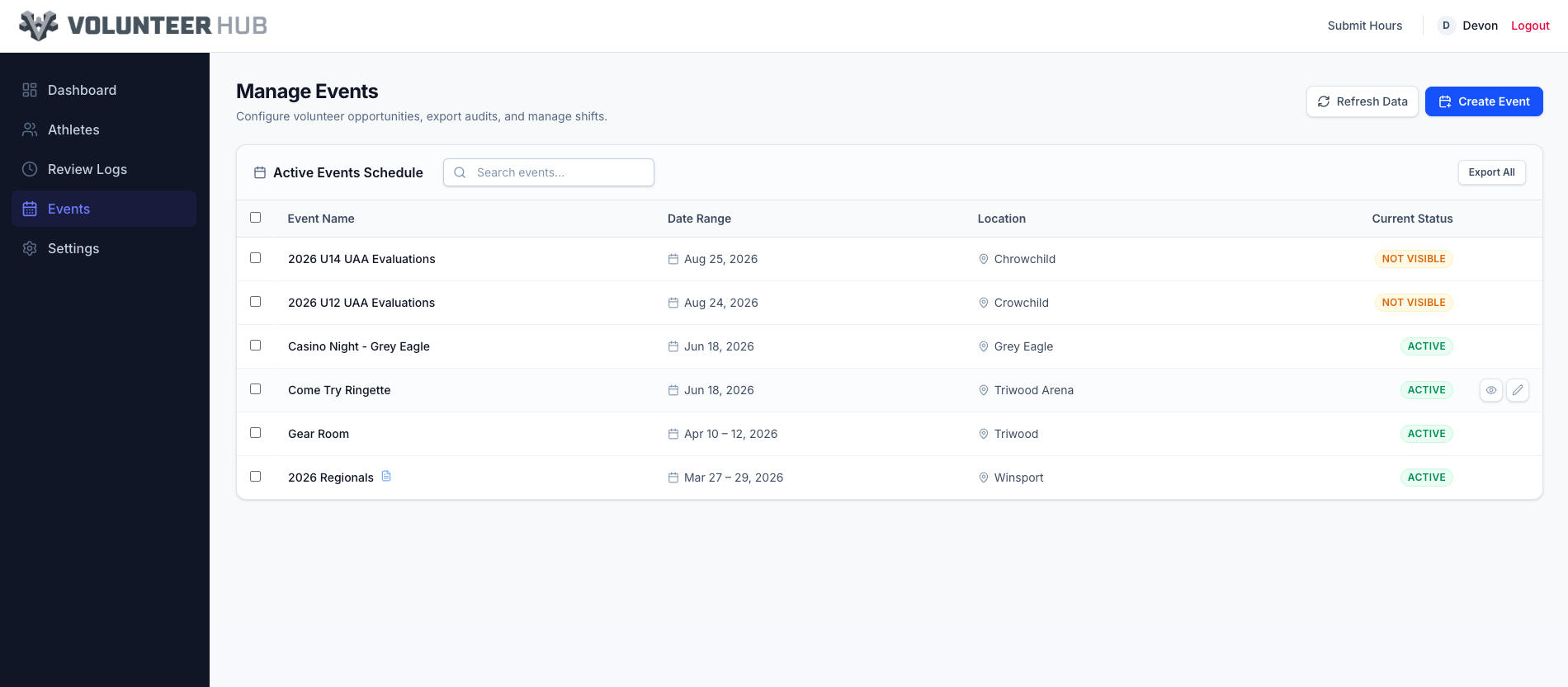 Admin events management page showing active event schedule