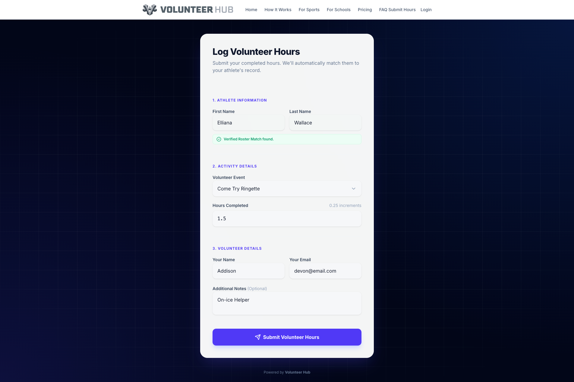 Volunteer log submission form with athlete matching verification